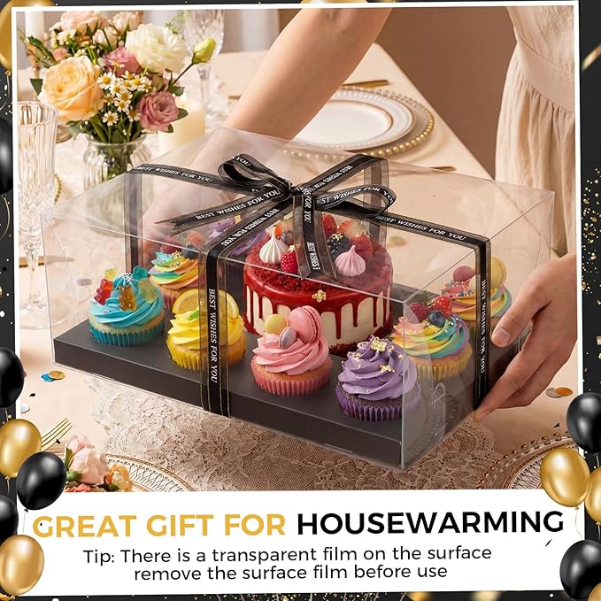8 Pack 1+8 Bento Cake Boxes with Cupcakes Combo Bento Boxes with Clear Lid Fit Ribbon 8 Cupcakes and 1 Mini Cake for Wedding Birthday Party Treats Muffins Bakery Supplies (Black)