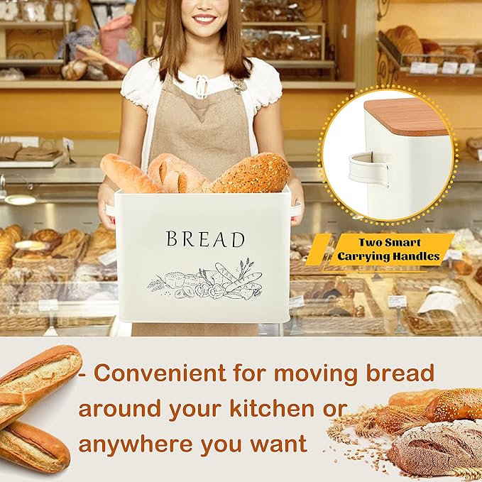 E-far Bread Box for Kitchen Countertop, Metal Bread Storage Container Bin with Bamboo Lid for Cutting Bread, Extra Large & Farmhouse Style, 13” x 7.2” x9.8”, Cream