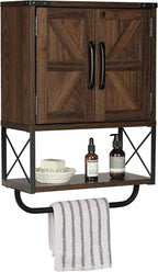 RUSTOWN Farmhouse Rustic Medicine Cabinet with Two Barn Door,Wood Wall Mounted Storage Cabinet with Adjustable Shelf and Towel Bar, 3-Tier Cabinet for Bathroom(Dark Walnut)