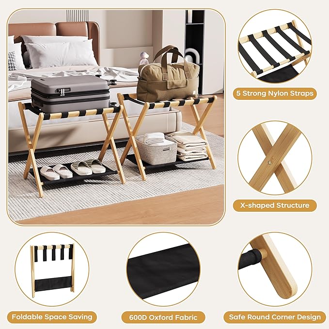 26.77" Full Assembled Luggage Rack for Guest Room, Set of 2 Bamboo Foldable Suitcase Stand, Bedroom & Hotel, Folding Luggage Holder with 5 Nylon Straps, 600D Oxford Fabric Shelf Natural Wood