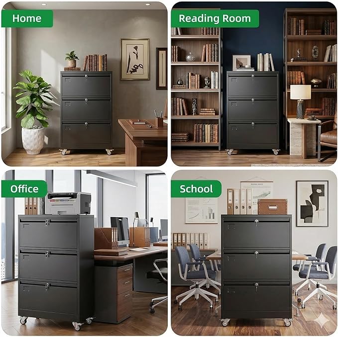 Aobabo 3 Drawer Lateral File Cabinet with Wheels, Lockable Metal Filing Cabinet for Home Office, Legal/Letter Size,Black,Required Assembled,15.87" D x 28.94" W x47.63 H