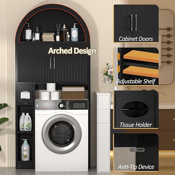 Over The Toilet Storage Cabinet, Bathroom Organizer Over Toilet, Arched Storage Organizer Cabinet with Anti-Tip Device and Adjustable Shelf for Washroom Laundry and Restroom, Black