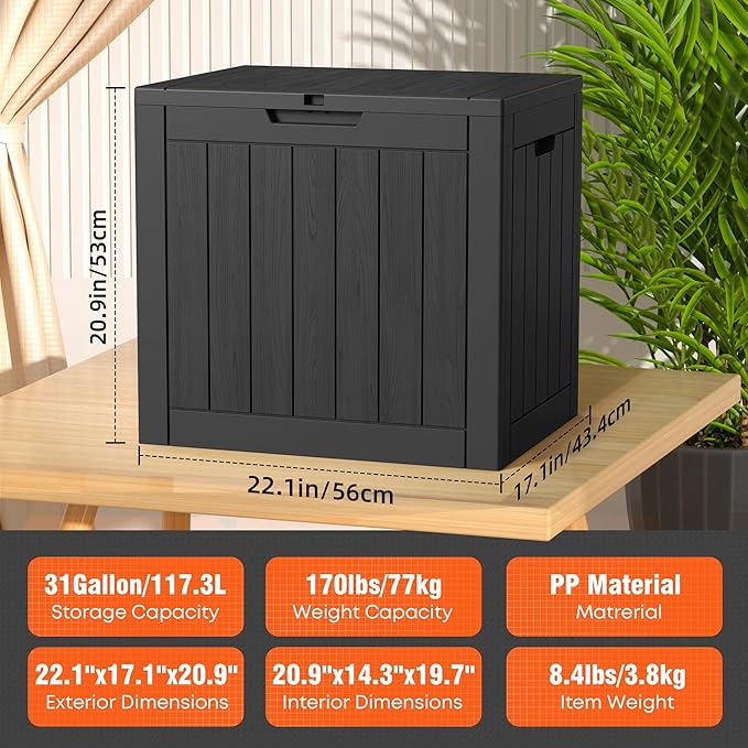 36 Gallon Resin Deck Box Outdoor Storage Box for Patio Furniture,Outdoor Cushions,Garden Tools and Pool Supplies,Waterproof,Lockable(Black,36Gallon)