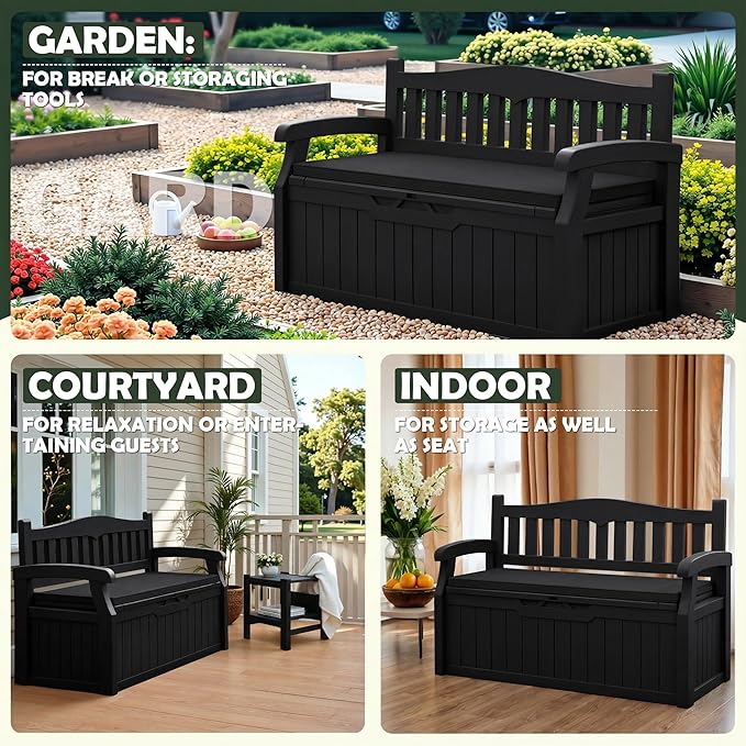 Flamaker 80 Gallon Storage Bench with Cushions Outdoor Indoor, Durable All-Weather Seating with Hidden Storage, Lockable Deck Box for Garden, Patio, Poolside (Black)