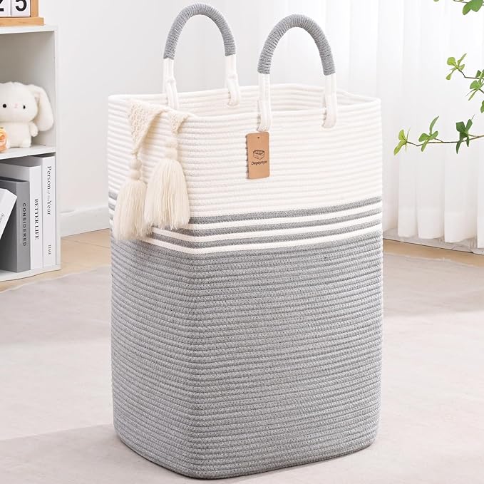 Laundry Basket Hamper,Blanket Storage,Dirty Clothes Hamper with Swivel Handles,Woven Cotton Rope Toy Baskets,Blanket Basket Living Room,Decorative Hampers for Nursery,Bedroom,White & Gray,80L