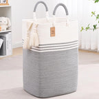 Laundry Basket Hamper,Blanket Storage,Dirty Clothes Hamper with Swivel Handles,Woven Cotton Rope Toy Baskets,Blanket Basket Living Room,Decorative Hampers for Nursery,Bedroom,White & Gray,100L