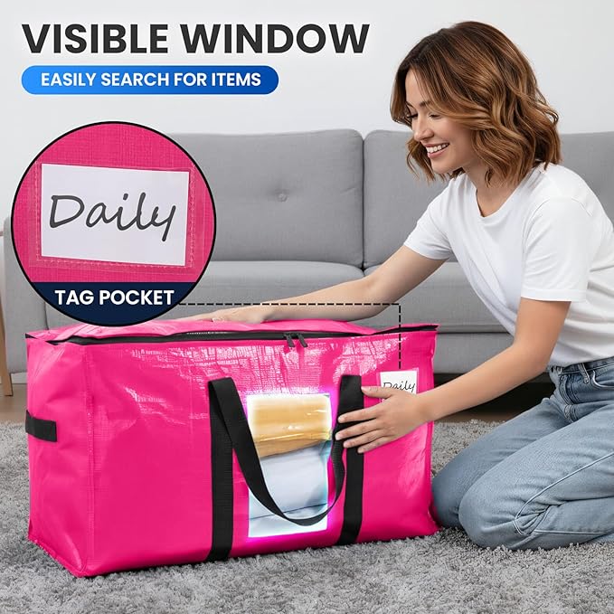TAILI 2 Pack Pink Extra Large Moving Bags, Heavy Duty Totes with Visible Window, Wrap Around Handles, Space-Saving Storage, Alternative to Moving Boxes