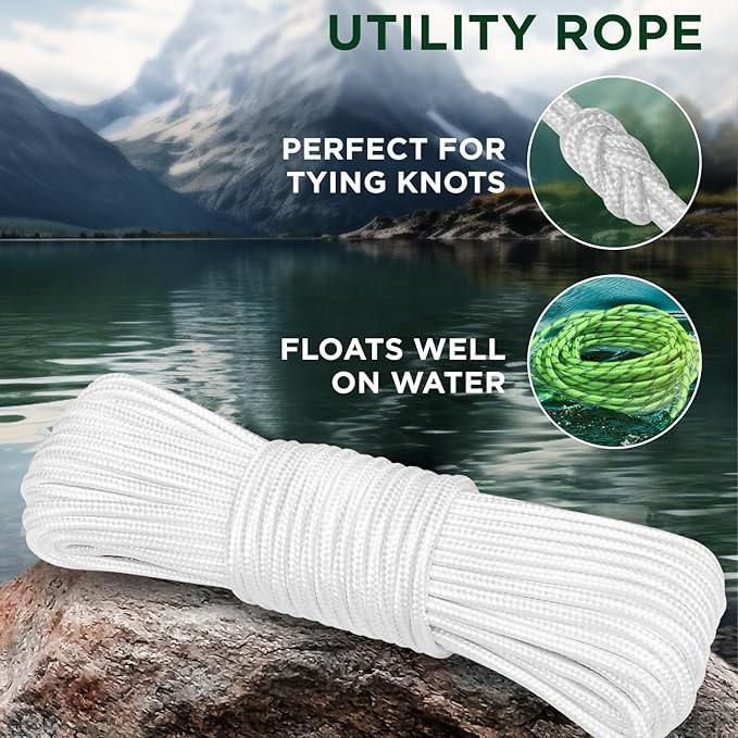 TECEUM Rope – 150 Feet x 1/4 Inch (7mm) – White – Strong All-Purpose Utility Rope – Camping, Crafting, Flag Pole, Indoor & Outdoor – Polypropylene Nylon Poly Lightweight Diamond Braided Cord