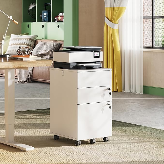 DEVAISE 3 Drawer Mobile File Cabinet with Lock, White Wood Rolling Filing Cabinet for Under Desk, Fits Letter/Legal/A4 Size for Home Office