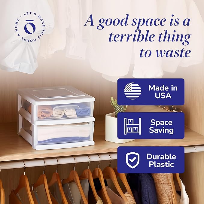 HOMZ 2-Pack 2-Drawer Storage Cart, Clear Plastic Drawers, 14.25" Wide Medium, White Frame - Organizing Drawer Containers for Home, Bathroom, Bedroom, Office, and Classroom
