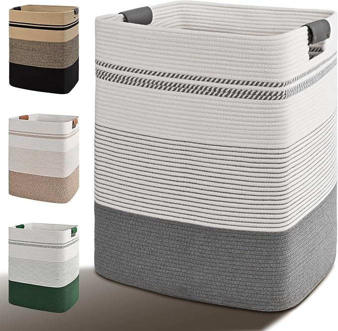 Laundry Hamper, 95L Tall Laundry Basket with Leather Handles, Rectangle Large Clothes Hamper for Organizing, Cotton Woven Laundry Baskets Storage Hampers for Bedroom, Nursery, Living Room