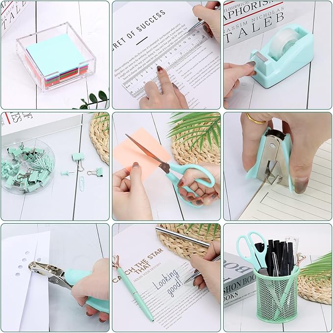 17 in 1 Green Desk Organizers and Accessories Set, 3 Office Desk Supplies Storage Organization, 4 Pens, Stapler, Staples & Remover, Tape & Dispenser, Scissors, Ruler, Clips, Hole Punch, Back to School