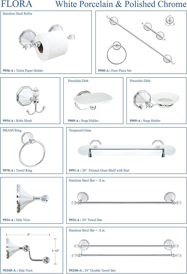 Double Robe & Towel Hook - White Porcelain & Chrome - Flora Series - 5 Year Warrantee