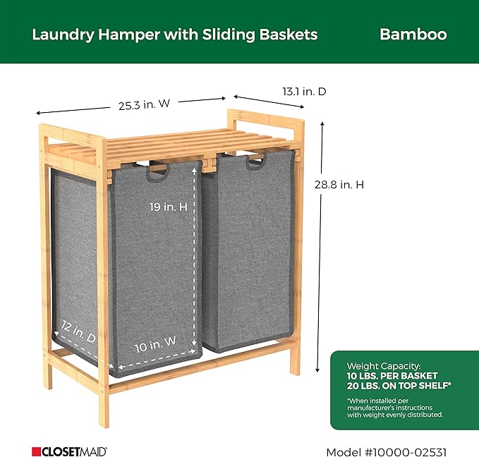 ClosetMaid Bamboo Laundry Hamper and Shelf, 2 Sliding Bag Sections, Laundry Sorter with Dual Compartments, Gray Bags, Natural Finish