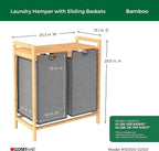 ClosetMaid Bamboo Laundry Hamper and Shelf, 2 Sliding Bag Sections, Laundry Sorter with Dual Compartments, Gray Bags, Natural Finish