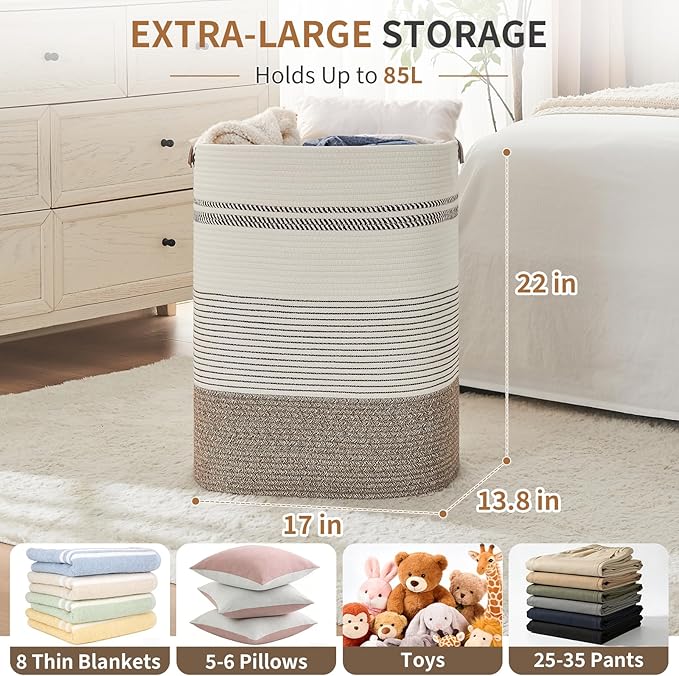 Laundry Hamper - Tall Woven Rope Laundry Basket - Clothes hamper with Leather Handles, 17" X 13.8" X 22", Blanket Storage Basket for Living Room, Rice Brown & White