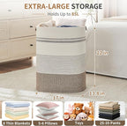 Laundry Hamper - Tall Woven Rope Laundry Basket - Clothes hamper with Leather Handles, 17" X 13.8" X 22", Blanket Storage Basket for Living Room, Rice Brown & White
