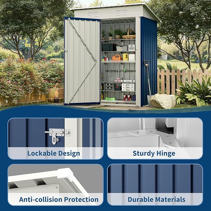 5×3FT Storage Shed，67CU.FT Tool Shed with Sloping Roof and Lockable Door, Compact Metal Tool Garden Shed for Garden, Backyard, Patio