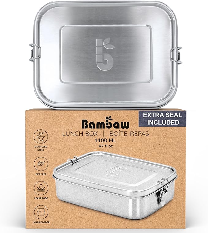 Bambaw Stainless Steel Lunch Box for Adults 47 oz, Metal Bento Box with Adjustable Compartment, Metal Lunch Container, Leakproof Stainless Steel Sandwich Container
