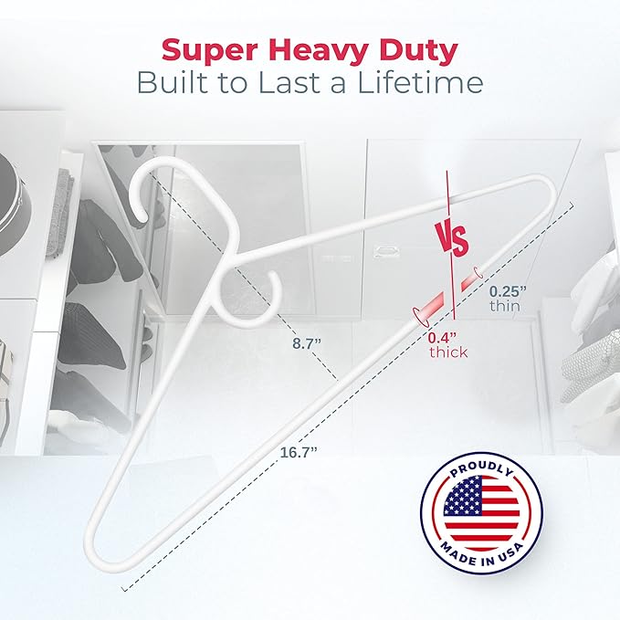 Neaties Super Heavy Duty Clothes Hangers 50 Pack (54 Count) – Made in the USA - 10lb Capacity, Thick Plastic Hangers for Pants, Coats, Jackets, Jeans and Adult Clothing – White & Black