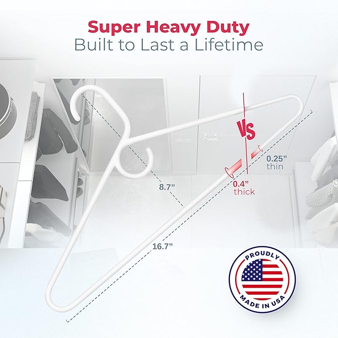 Neaties Super Heavy Duty Clothes Hangers 18 Pack – Made in the USA - 10lb Capacity, Thick Plastic Hangers for Pants, Coats, Jackets, Jeans and Adult Clothing – White & Gray