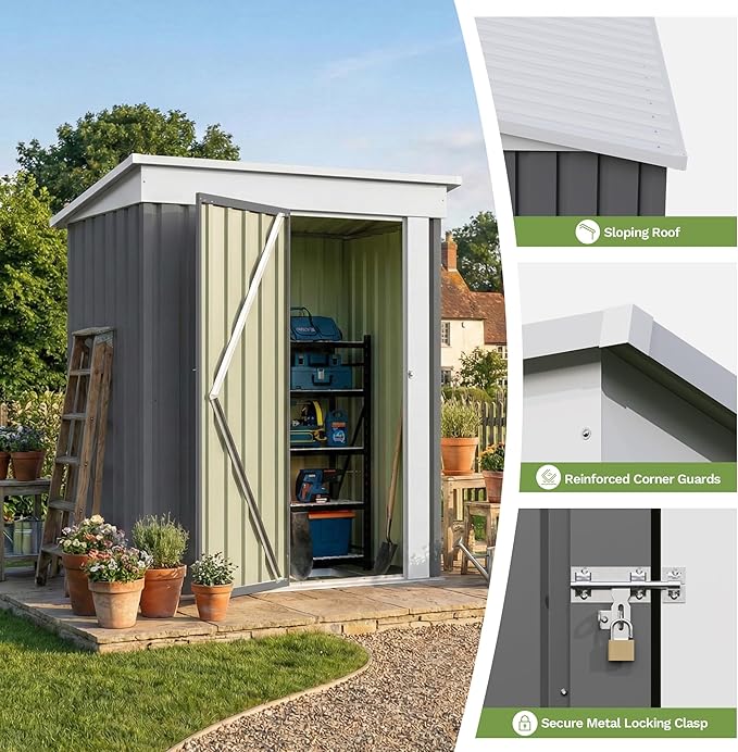 Devoko 5 x 3 FT Metal Storage Shed with Floor Frame Waterproof Garden Tool Shed with Lockable Door, Outdoor Shed Storage House for Backyard Patio Lawn, Grey