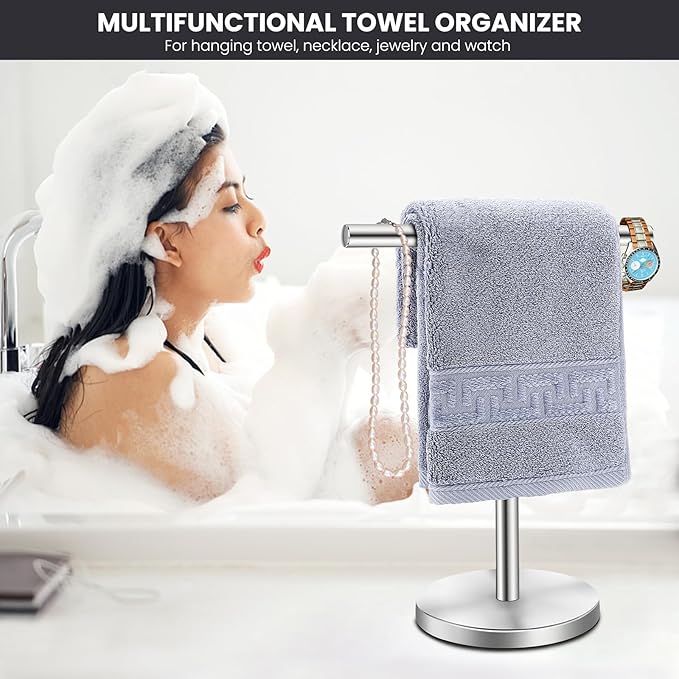 T-Shape Bath Hand Towel Holder Stand, Stainless Steel Free Standing Hand Towel Rack, for Bathroom Kitchen & Countertop, Silver