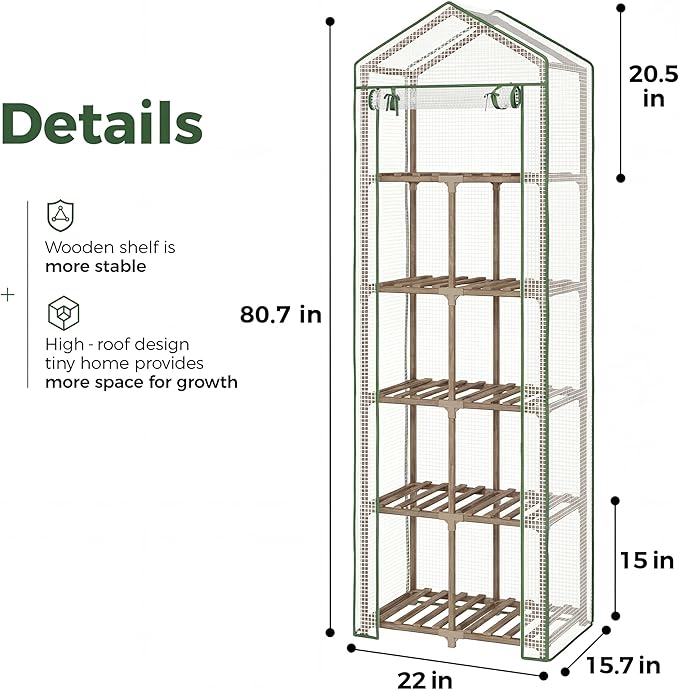 Bamworld 5-Tierd Outdoor Greenhouse 22" L×16" W×81" H Portable Green House with PE Cover Garden and Backyards Plant Shelves with Sturdy Eucalyptus Frame Roof Plant Stand Flower Pot Stand Display Rack