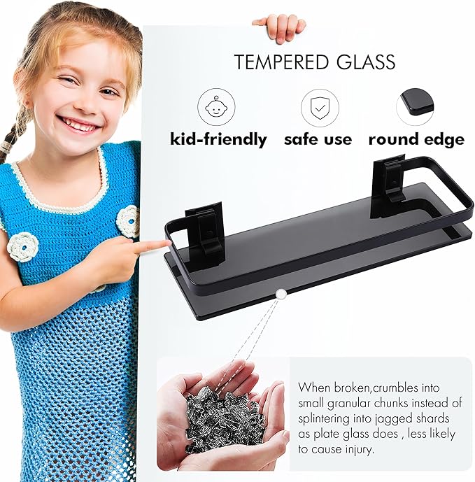 KES Black Glass Shelf for Bathroom, Glass Wall Shelf Extra Thick Tempered Glass shelfs Rectangular 2 Pack, Wall Mounted, BGS4126A-BK-P2