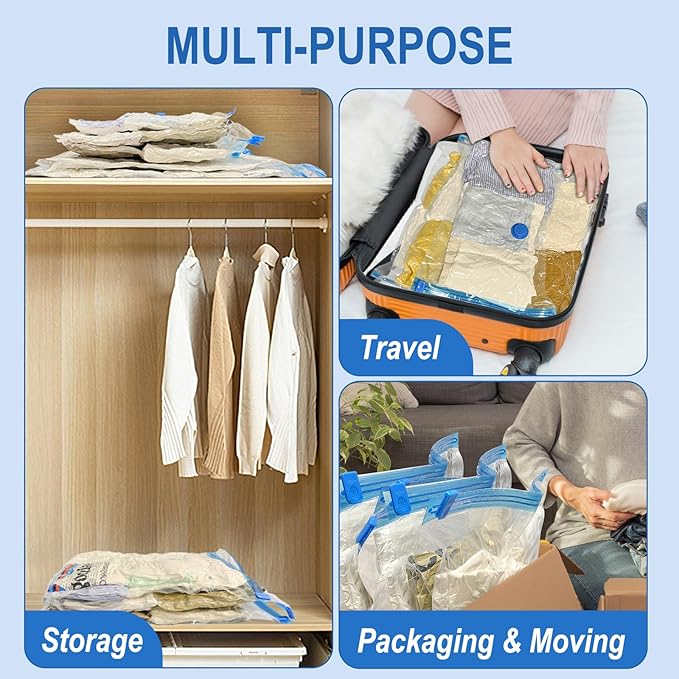 Vacuum Storage Bags with Hand Pump, Plastic Packaging Bags, 80% Space Saver Vacuum Seal Bags for Clothing, Travel Lugggage, Blankets, Comforters, 10 Medium