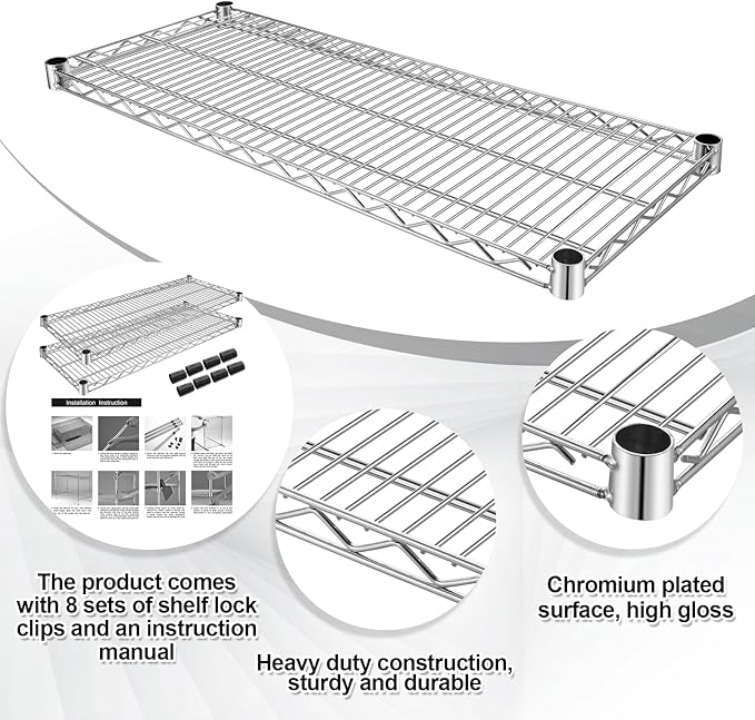 2 Pack Additional Wire Shelf for Wire Shelving Units Chrome Finish Shelving Weight Capacity 600-800 Lb, Heavy Steel Industrial for Warehouses, Closets, Kitchen(Sliver,18" W X 36" L)