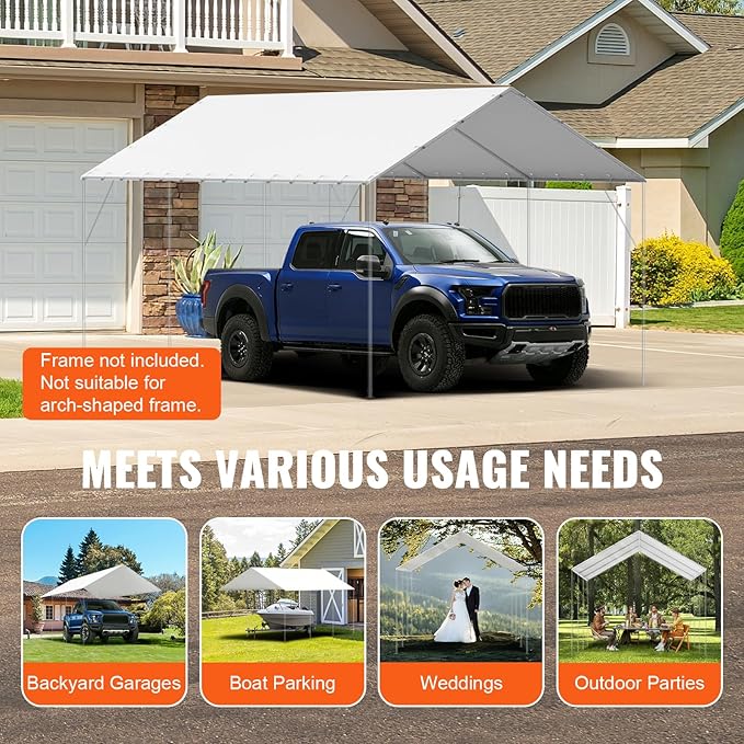 VEVOR 10x20' Canopy Replacement Cover Heavy Duty, Carport Garage Top Tent Shelter Tarp Waterproof & UV Protected, Easy Installation with 40 Free Ball Bungeess(Only Cover, Frame Not Include)