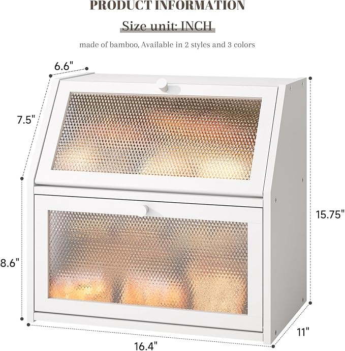 Bread Box for Kitchen Countertop Bin Double Layer Bread Box Storage Container Extra Large Capacity with Diamond Pattern Windows (White, Extra Large)