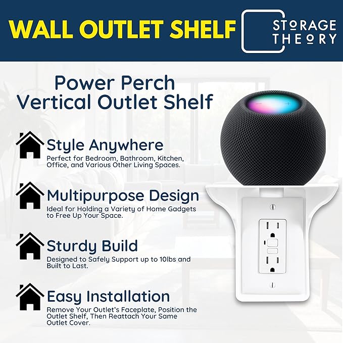 BeraTek Power Perch Wall Outlet Shelf with Cord Storage Strap - Declutter & Reclaim Counter Space - Bathroom Shelf Alexa Holder, Charging Stand, Apple Homepod Mini Wall Mount - White, 1-Pack