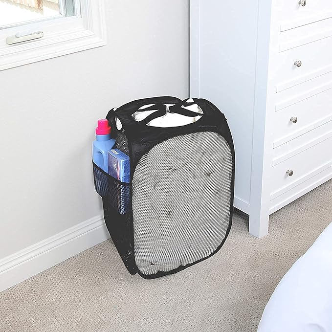 Laundry Basket, Laundry Hamper - Mesh Popup Laundry Hamper. Portable, Durable Handles, Collapsible for Storage, and Easy to Open. Great for The Kids Room, College Dorm, or Travel. (Black)[SHOOTING]