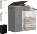 efluky Slim Laundry Basket with Lid, Narrow Laundry Hamper with Removable Bag, Skinny Dirty Clothes Basket with Bamboo Handles for Bathroom, Bedroom & Laundry Room, 65L Grey