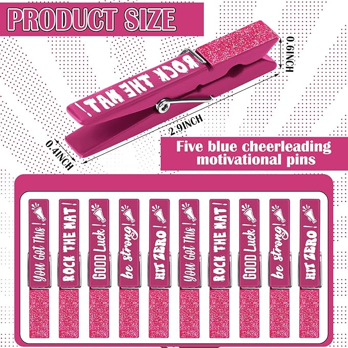 Kigeli 30 Pcs Spirit Clips Cheer Pins Cheerleader Gifts Clothes Pins for Backpacks Competition Glittered for Team Cheer Gifts Stuff Supplies Party Favors Accessories Bulk(Pink,Shiny)