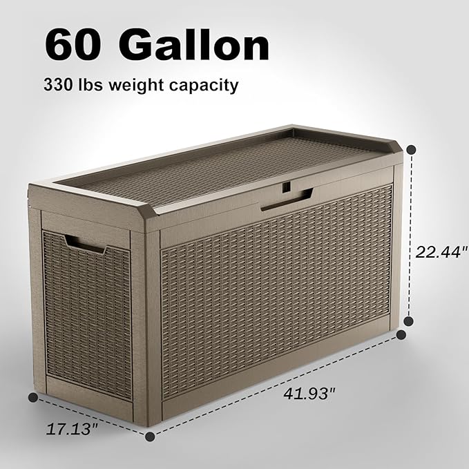 60 Gallon Deck Box,Waterproof Resin Outdoor Storage Box for Patio Furniture,Outdoor Cushions,Garden Tools and Pool Supplies,Weatherproof(Grey,60Gallon)