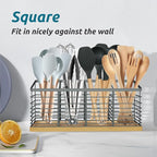 Suli Extra Large Kitchen Utensil Holder with 4 Compartments，Metal holder with Wooden Base for Kitchen Countertop，Farmhouse Cooking Utensil Storage, Rustic Cooking Utensil,Grey