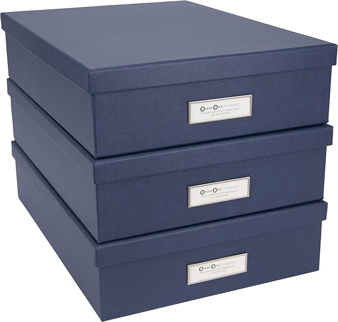 Bigso Oskar Fiberboard Label Frame Document Letter Box - File Organizer Box for Important Paperwork - Document Storage with a Lid & Metal Label Window - 3.3 in x 10.2 in x 13.8 in - Dark Blue