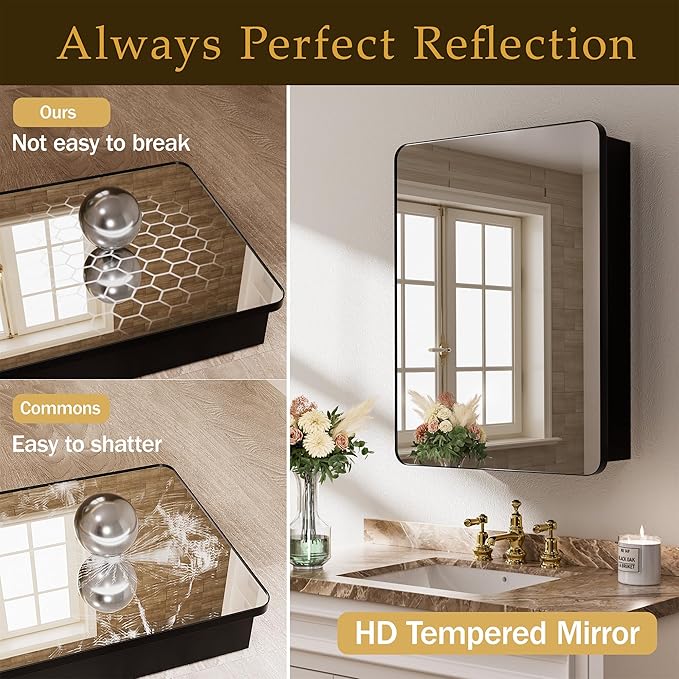 Medicine Cabinet with Mirror 20x26 Inch, Black Aluminum Bathroom Mirror Cabinet with Storage, 8 Adjustable Shelves Including 2 Anti-Tip Acrylic Boards, Recessed or Surface Mount, Soft Close