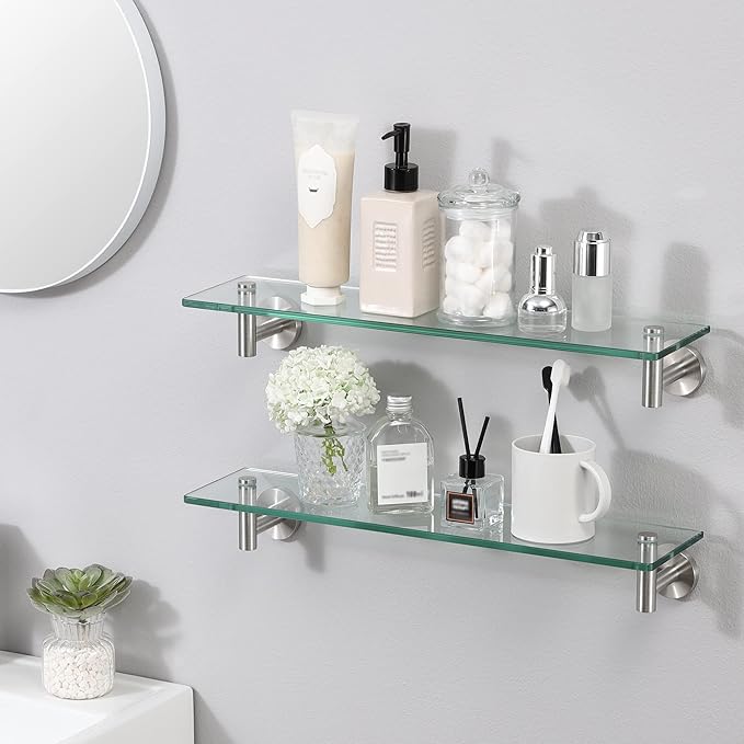 KES Glass Shelf for Bathroom, Floating Glass Shelves for Wall, 20 Inch Tempered Glass Shelf 2 Pack with Rustproof Stainless Steel Brackets Wall Mounted Brushed Finish, A2021-2-P2