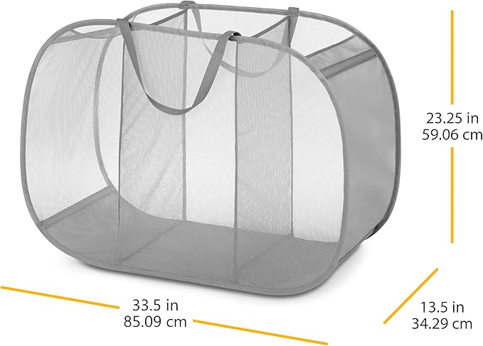 Whitmor Mesh Popup Laundry Hamper 3 Compartment Sortable Horizontal Collapsible Laundry Basket for Clothes Laundry Room Bedroom