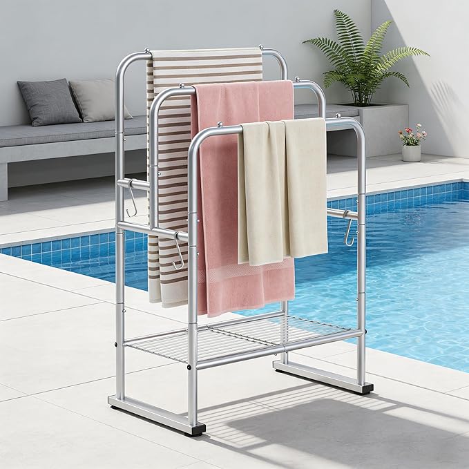 ELYKEN 40'' Tall Standing Towel Racks, 3 Tier Towel Drying Rack Outdoor, Pool Towel Stand Blanket Holder with Shelf & 4 Removable Hooks, Metal Freestanding Towel Racks for Bathroom, Smooth Silver
