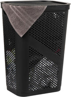 Mind Reader Slim Laundry Hamper with Lid, 60L Clothes Basket, Ventilated Plastic, Black