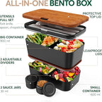 Umami Premium Lunch Box Containers w/ 4 Utensils, 2 Sauce Jars, Nestable Space-Saving Bento Box Adult, 100% Leakproof, Microwavable Lunch Containers for Adults, Sapele Black, 50 oz