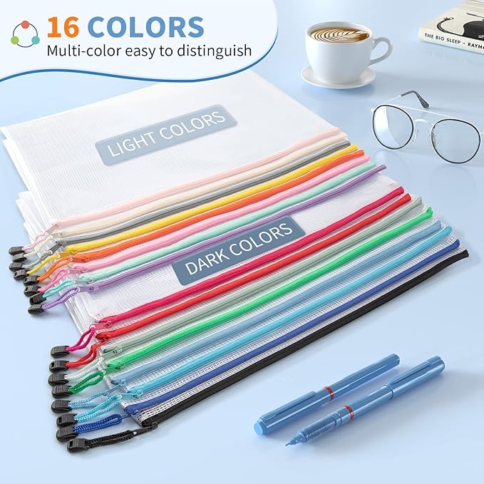Umriox 32 Pack A3 Mesh Zipper Pouch Bags, Zipper Pouches for Organizing, Puzzle Bag, Clear Bag for Crafts Projects, Travel Accessories, Board Game Storage