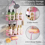 Shower Caddy Hanging, Pink Over the Shower Head Caddy with Soap Holder, Bathroom Organizer with Hooks for Razors and Bath Sponges