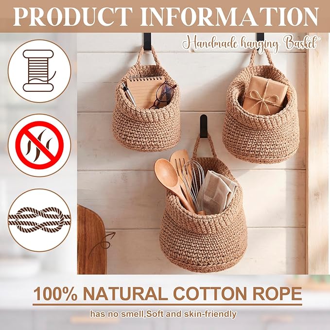 Honeydak Boho Decor Hanging Wall Baskets for Kitchen 3 Pack Teardrop Baskets with Hooks Storage Fruit Onion Vegetable Potato for Home 3 Sizes(Light Linen,Barrel,Cotton Rope)