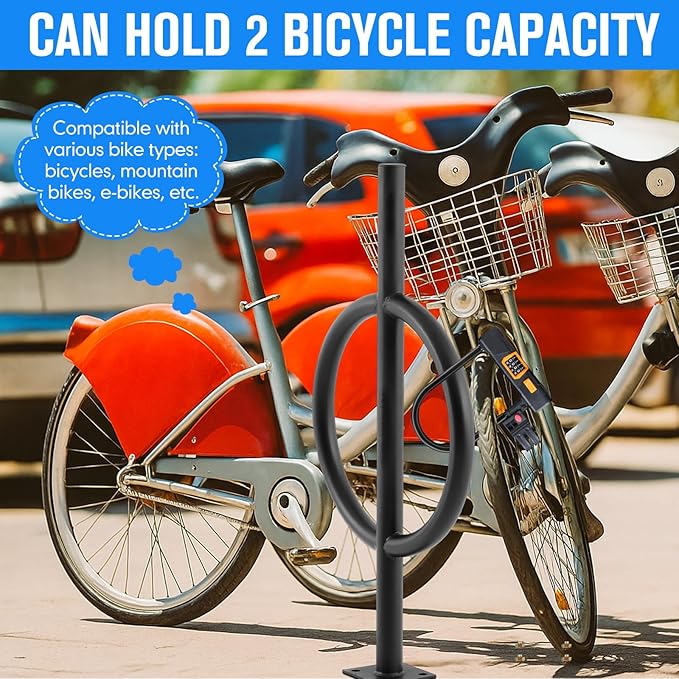 2 Bike Capacity Post and Ring Bike Rack Commercial Bicycle Rack 35" L Heavy Duty Galvanized Steel Bicycle Organizer Ground Parking Stand for Outdoor Garages Streets Yards Schools Sidewalks
